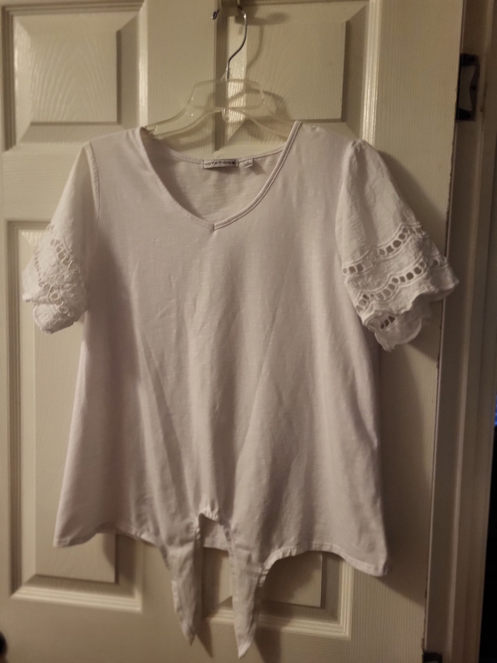 Notations White V-Neck Short Sleeve Top with Lace Trim and Front Tie Used